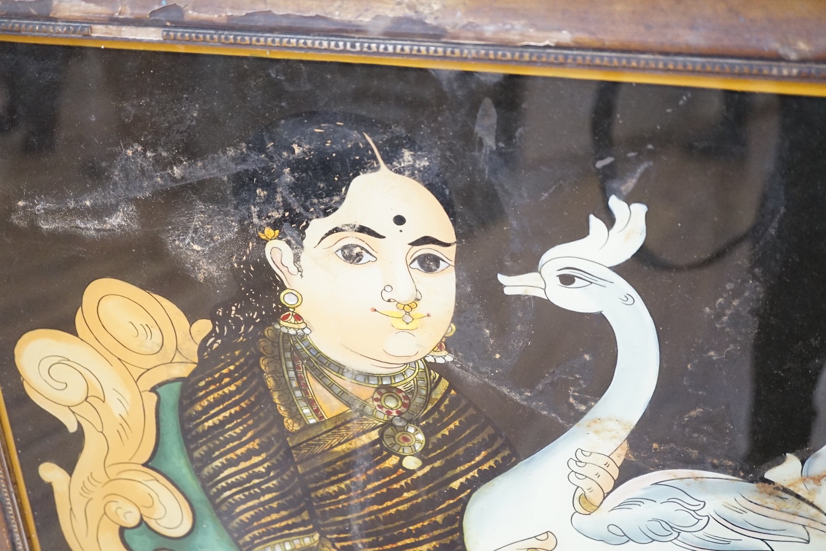 Indian School c.1900, five reverse paintings on glass, Nobles, deities and other figures, largest 59 x 44cm